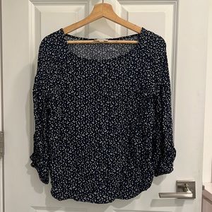 LOFT SHEER FLOWING POLKA DOT PATTERN NAVY BLOUSE